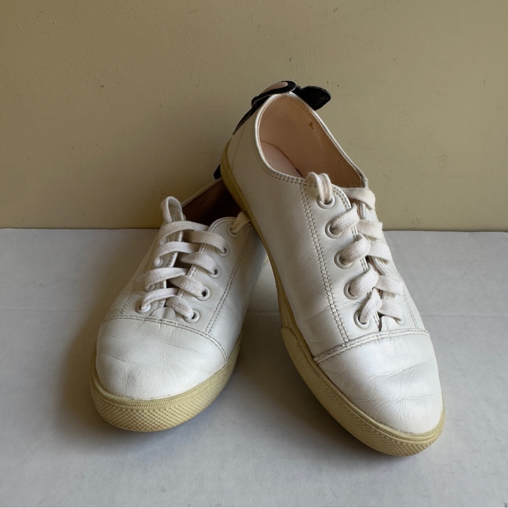 Kate Spade Lucie White Leather French Bulldog Novelty Sneakers Size 5 1/2